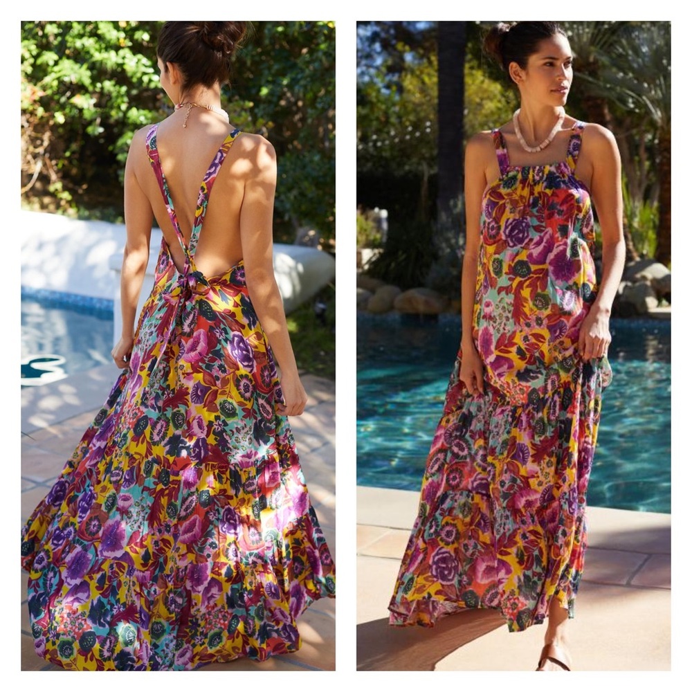 Anthropologie Floral Maxi Dress in Yellow, Purple, Pink